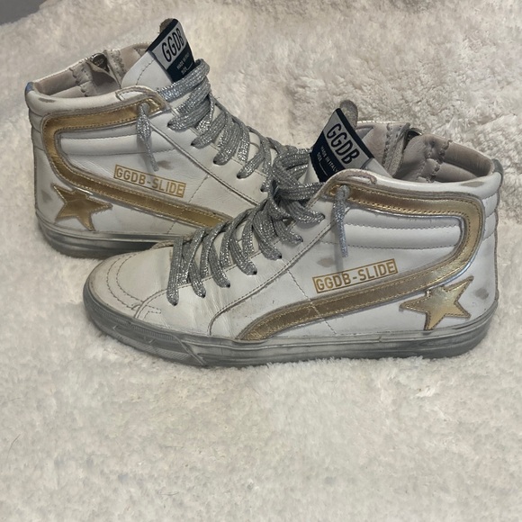 Golden Goose Slide high top white and gold and silver sneakers size 7 - Picture 1 of 11